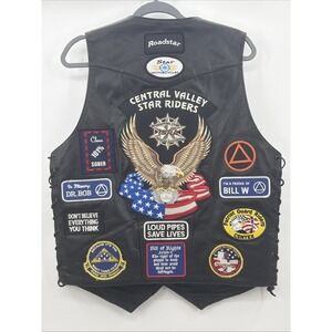 First Classics Black Leather Motorcycle Vest L-XL Womens w/Side Lacing Patches